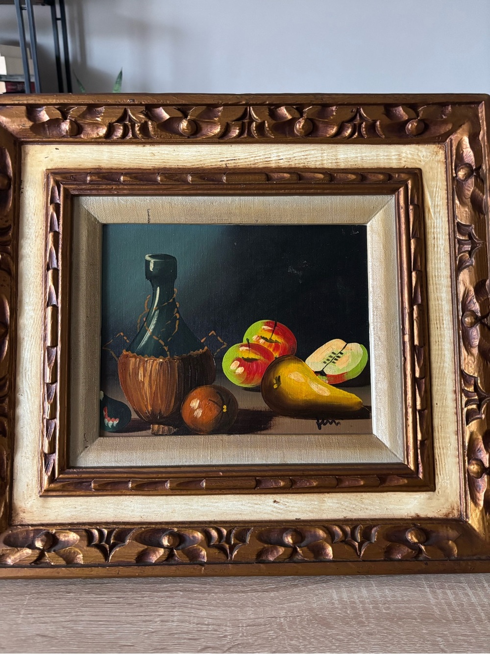 Vintage Framed Hand Painted Still Life Fruit Oil Painting in Wooden Carved Frame